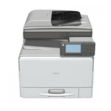 Moderná tlačiareň Ricoh s dotykovým displejom a zásobníkom papiera.