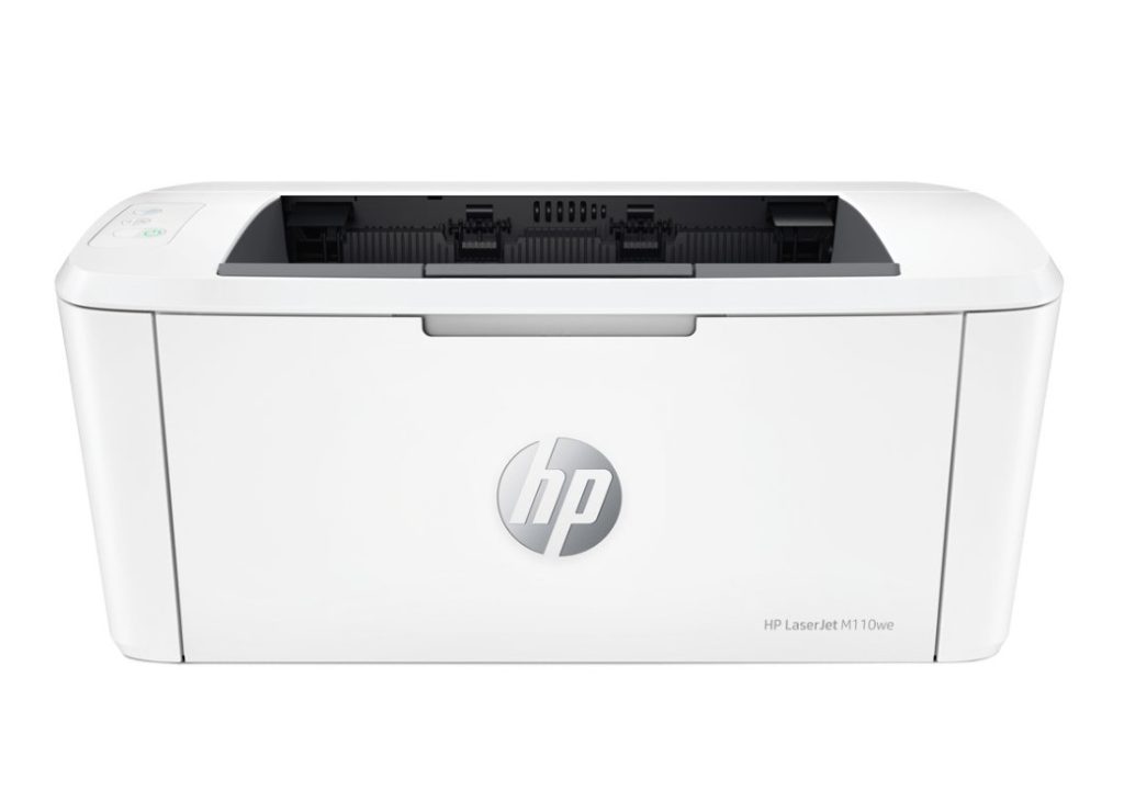 Biela HP LaserJet M110we tlačiareň na stole, kompaktná a spoľahlivá.