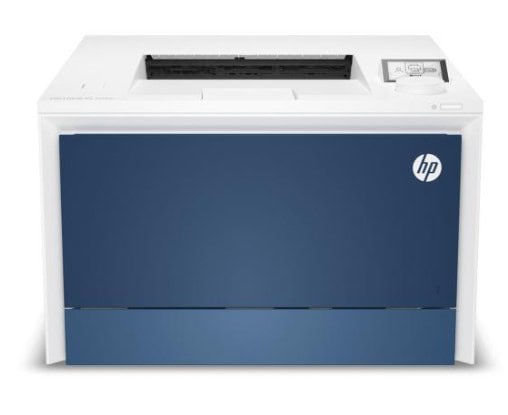 Tlačiareň HP s modrým krytom a ovládacím panelom na pravej strane.