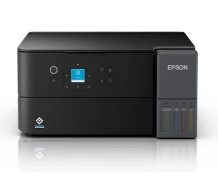 Epson tlačiareň s farebnými náplňami a zásobníkom na papier.